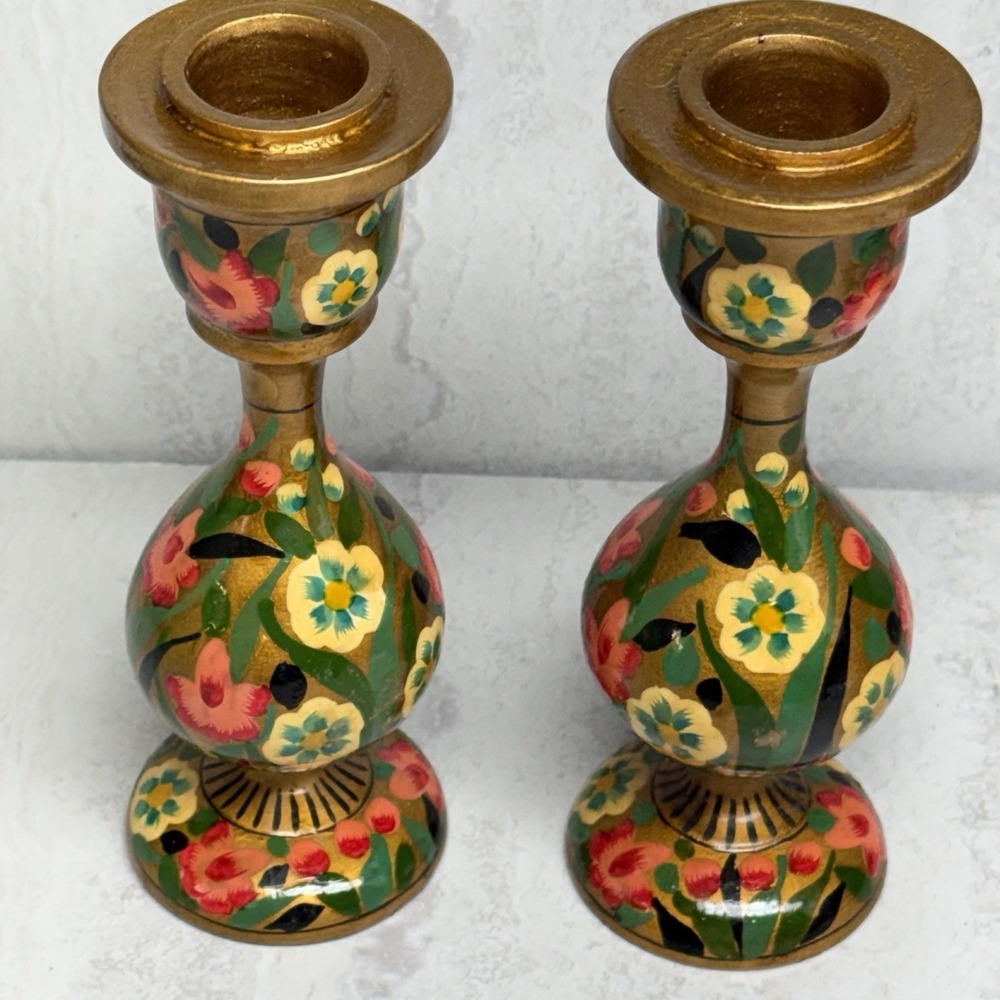 Pair of Vintage Hand-Painted Kashmiri Papier-Mâché Candlesticks India #8629